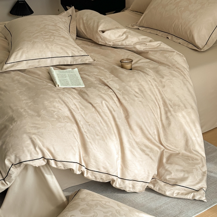 91家纺网 家纺一手货源 找家纺 首尔家纺 2026新款浮雕提花色织全棉四件套 郁香-米咖