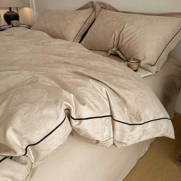 91家纺网 家纺一手货源 找家纺 首尔家纺 2026新款浮雕提花色织全棉四件套 郁香-米咖