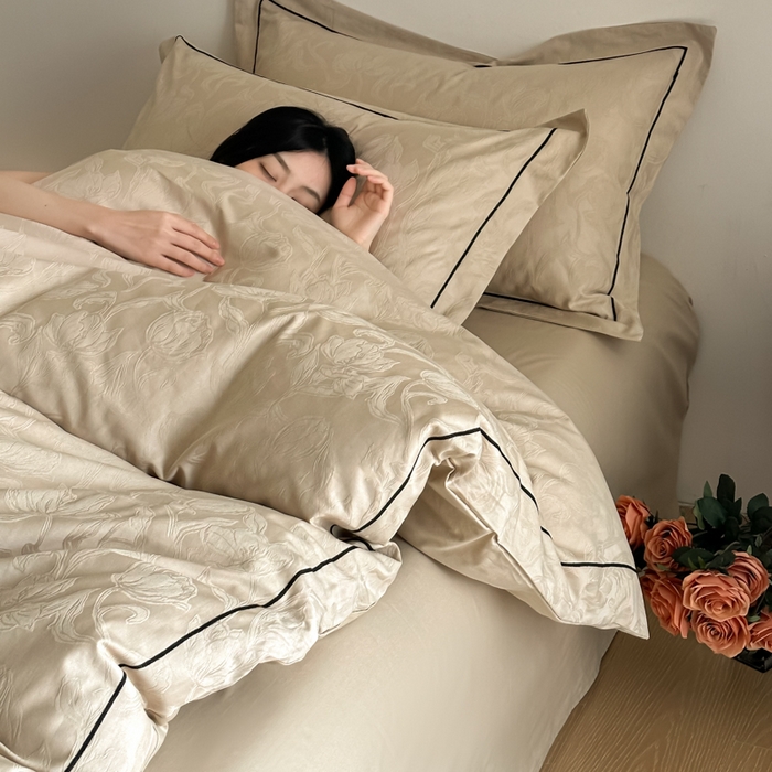 91家纺网 家纺一手货源 找家纺 首尔家纺 2026新款浮雕提花色织全棉四件套 郁香-米咖