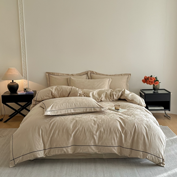 91家纺网 家纺一手货源 找家纺 首尔家纺 2026新款浮雕提花色织全棉四件套 郁香-米咖