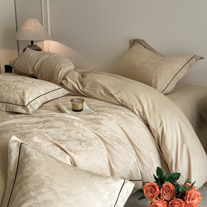 91家纺网 家纺一手货源 找家纺 首尔家纺 2026新款浮雕提花色织全棉四件套 郁香-米咖