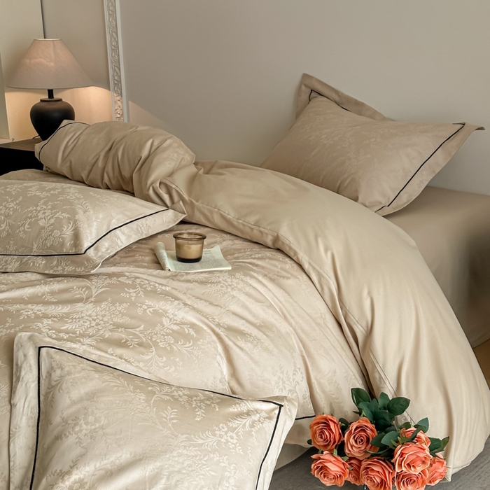 91家纺网 家纺一手货源 找家纺 首尔家纺 2026新款浮雕提花色织全棉四件套 云枝-咖