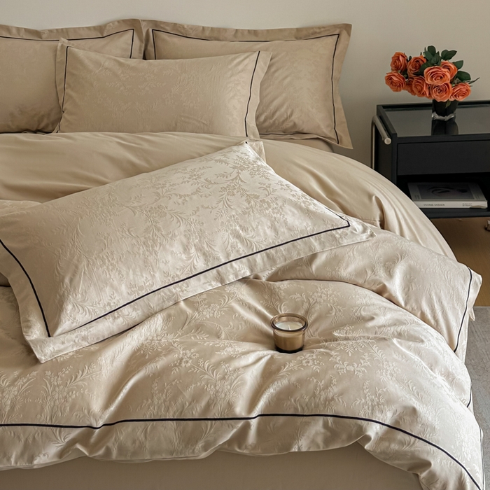 91家纺网 家纺一手货源 找家纺 首尔家纺 2026新款浮雕提花色织全棉四件套 云枝-咖