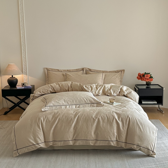 91家纺网 家纺一手货源 找家纺 首尔家纺 2026新款浮雕提花色织全棉四件套 云枝-咖