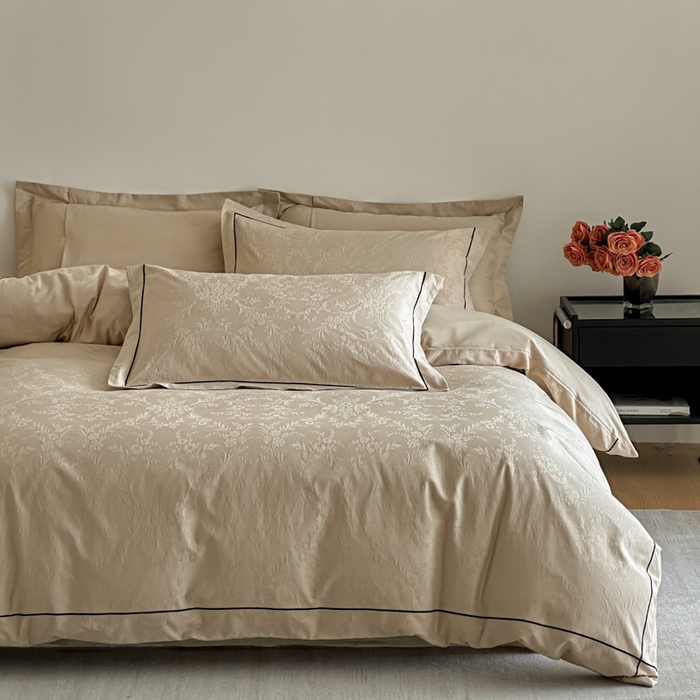 91家纺网 家纺一手货源 找家纺 首尔家纺 2026新款浮雕提花色织全棉四件套 云枝-咖