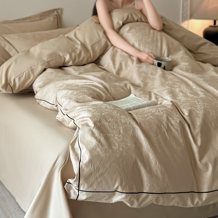 91家纺网 家纺一手货源 找家纺 首尔家纺 2026新款浮雕提花色织全棉四件套 云枝-咖