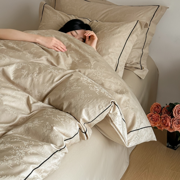 91家纺网 家纺一手货源 找家纺 首尔家纺 2026新款浮雕提花色织全棉四件套 云枝-咖