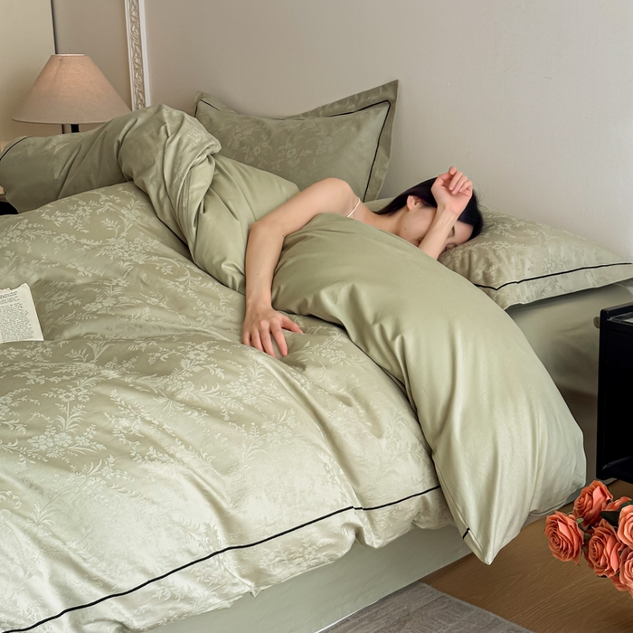 91家纺网 家纺一手货源 找家纺 首尔家纺 2026新款浮雕提花色织全棉四件套 云枝-绿