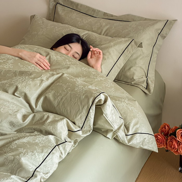 91家纺网 家纺一手货源 找家纺 首尔家纺 2026新款浮雕提花色织全棉四件套 云枝-绿