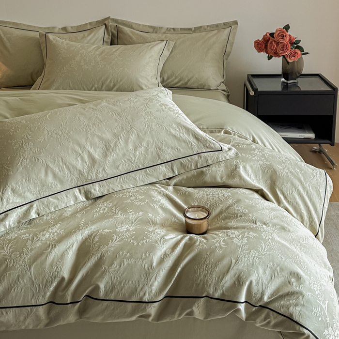 91家纺网 家纺一手货源 找家纺 首尔家纺 2026新款浮雕提花色织全棉四件套 云枝-绿