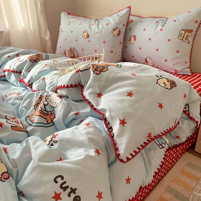 91家纺网 家纺一手货源 找家纺 （总）桃子家居 2026新款A类纯棉三角针贝壳边工艺卡通撞色猫咪卡通全棉四件套