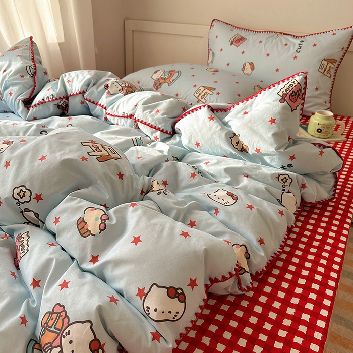 91家纺网 家纺一手货源 找家纺 桃子家居 2026新款A类纯棉三角针贝壳边工艺卡通撞色猫咪卡通全棉四件套 棉贝壳边-奶盐星星猫