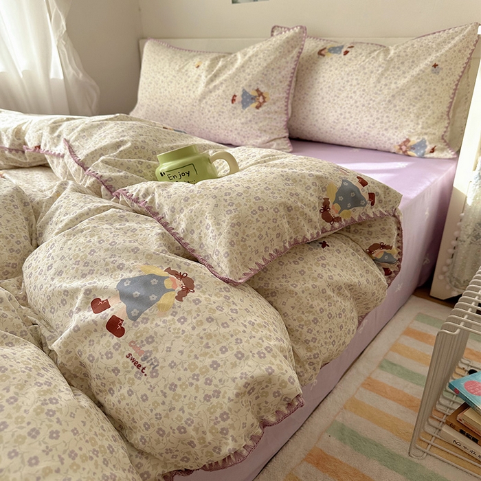 桃子家居 2026新款A类纯棉三角针贝壳边工艺卡通撞色猫咪卡通全棉四件套 棉贝壳边-紫花女孩