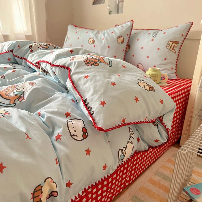 91家纺网 家纺一手货源 找家纺 桃子家居 2026新款A类纯棉三角针贝壳边工艺卡通撞色猫咪卡通全棉四件套 棉贝壳边-奶盐星星猫