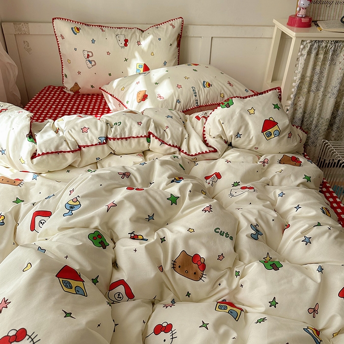 91家纺网 家纺一手货源 找家纺 桃子家居 2026新款A类纯棉三角针贝壳边工艺卡通撞色猫咪卡通全棉四件套 棉贝壳边-元气甜甜猫