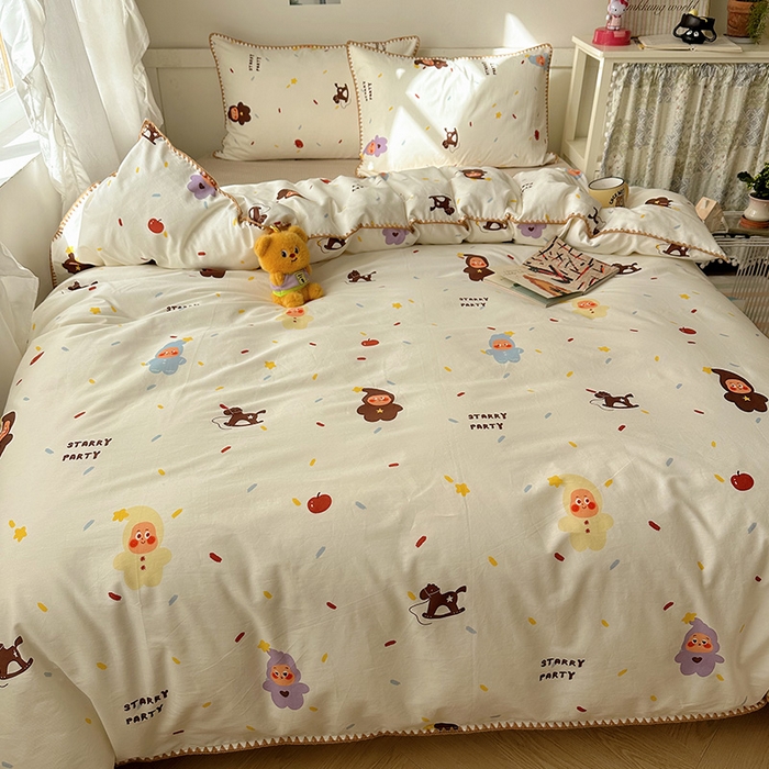 91家纺网 家纺一手货源 找家纺 桃子家居 2026新款A类纯棉三角针贝壳边工艺卡通撞色猫咪卡通全棉四件套 棉贝壳边-魔法木马