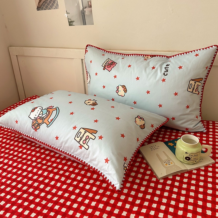 91家纺网 家纺一手货源 找家纺 桃子家居 2026新款A类纯棉三角针贝壳边工艺卡通撞色猫咪卡通全棉四件套 棉贝壳边-奶盐星星猫