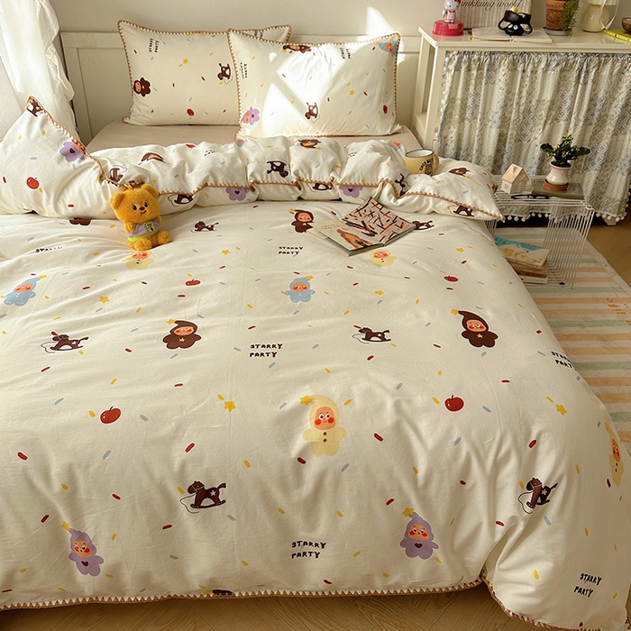 91家纺网 家纺一手货源 找家纺 桃子家居 2026新款A类纯棉三角针贝壳边工艺卡通撞色猫咪卡通全棉四件套 棉贝壳边-魔法木马