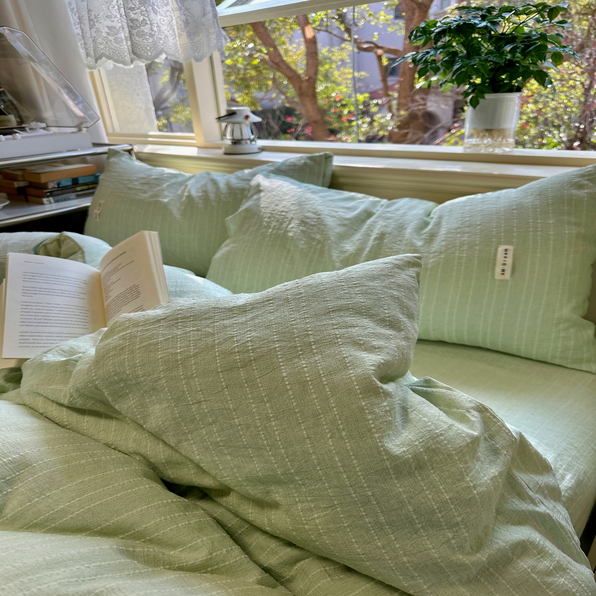 91家纺网 家纺一手货源 找家纺 优兰朵家纺 2026新款简约素色亚麻风纯色无印四件套 淡绿-素然