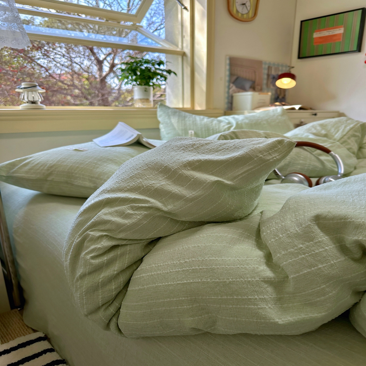 91家纺网 家纺一手货源 找家纺 优兰朵家纺 2026新款简约素色亚麻风纯色无印四件套 淡绿-素然