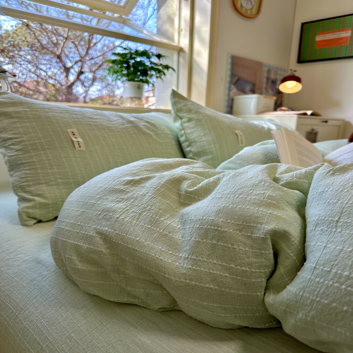 91家纺网 家纺一手货源 找家纺 优兰朵家纺 2026新款简约素色亚麻风纯色无印四件套 淡绿-素然