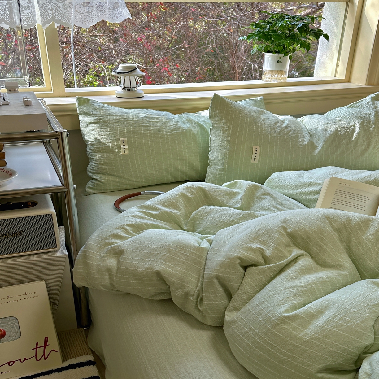 91家纺网 家纺一手货源 找家纺 优兰朵家纺 2026新款简约素色亚麻风纯色无印四件套 淡绿-素然