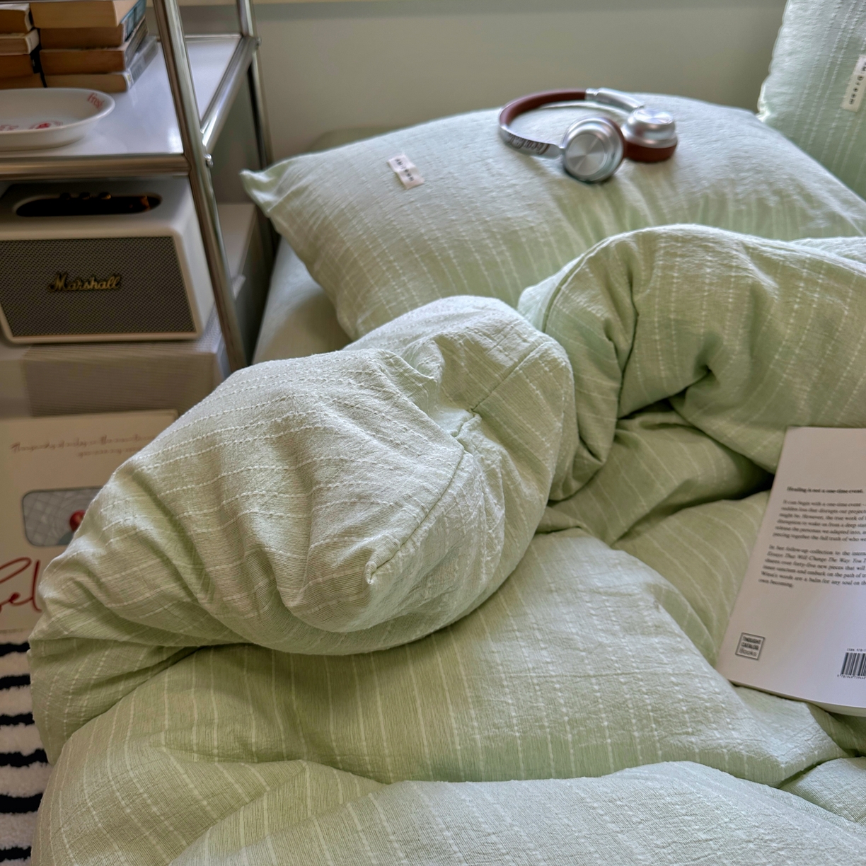 91家纺网 家纺一手货源 找家纺 优兰朵家纺 2026新款简约素色亚麻风纯色无印四件套 淡绿-素然