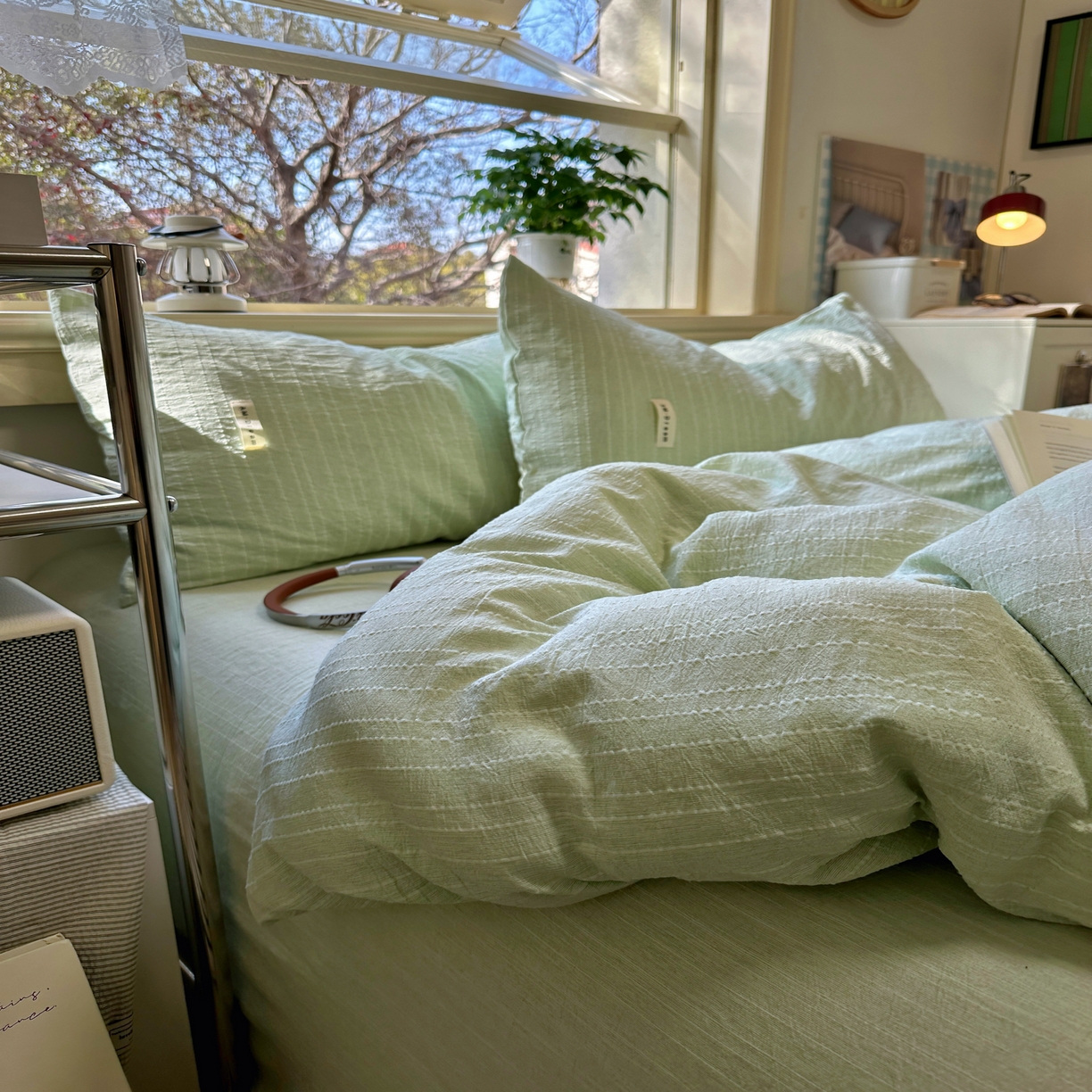 91家纺网 家纺一手货源 找家纺 优兰朵家纺 2026新款简约素色亚麻风纯色无印四件套 淡绿-素然