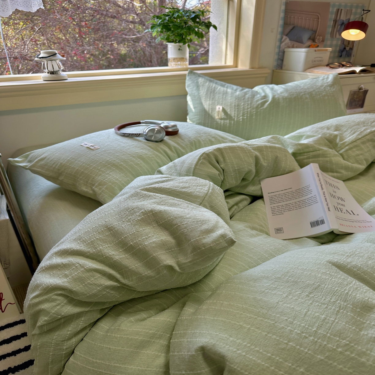 91家纺网 家纺一手货源 找家纺 优兰朵家纺 2026新款简约素色亚麻风纯色无印四件套 淡绿-素然