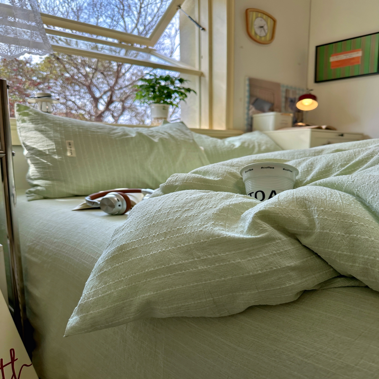 91家纺网 家纺一手货源 找家纺 优兰朵家纺 2026新款简约素色亚麻风纯色无印四件套 淡绿-素然