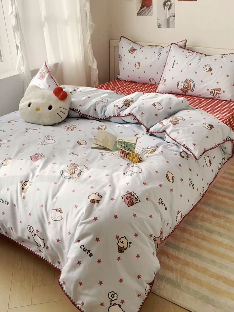 91家纺网 家纺一手货源 找家纺 桃子家居 2026新款A类纯棉三角针贝壳边工艺卡通撞色猫咪卡通全棉四件套 棉贝壳边-奶盐星星猫