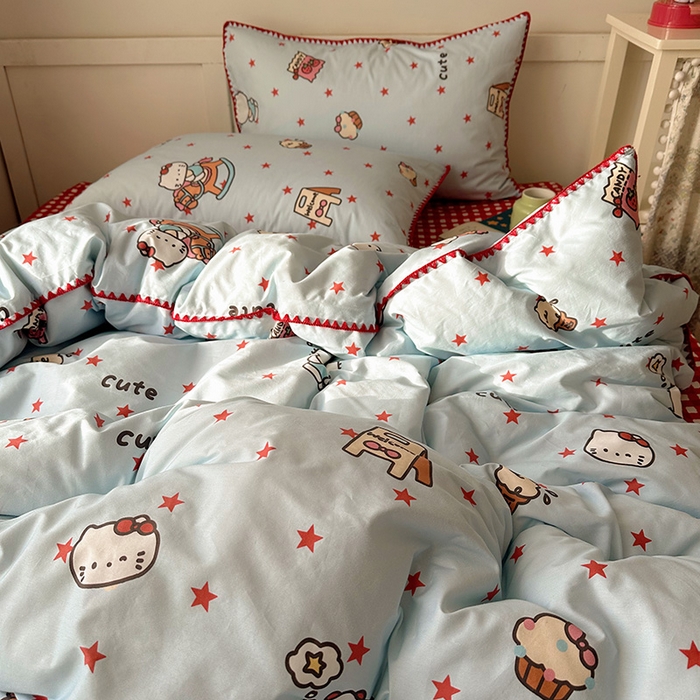 91家纺网 家纺一手货源 找家纺 桃子家居 2026新款A类纯棉三角针贝壳边工艺卡通撞色猫咪卡通全棉四件套 棉贝壳边-奶盐星星猫