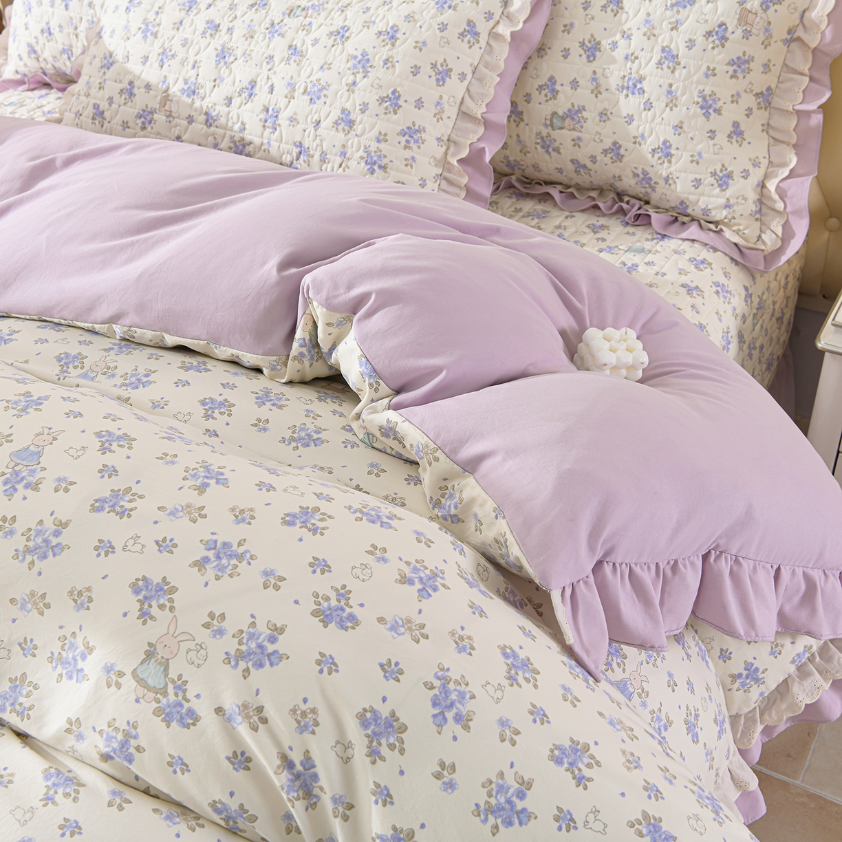 91家纺网 家纺一手货源 找家纺 金梦家居 2026新款水洗棉床盖被套四件套 花香萌兔