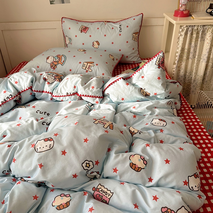 91家纺网 家纺一手货源 找家纺 桃子家居 2026新款A类纯棉三角针贝壳边工艺卡通撞色猫咪卡通全棉四件套 棉贝壳边-奶盐星星猫