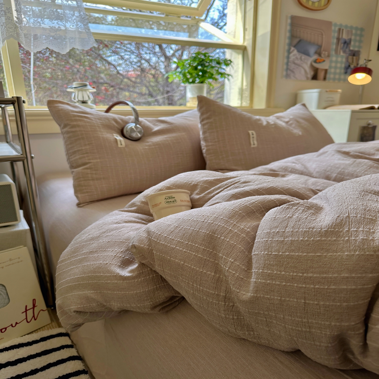 91家纺网 家纺一手货源 找家纺 优兰朵家纺 2026新款简约素色亚麻风纯色无印四件套 咖色-素然