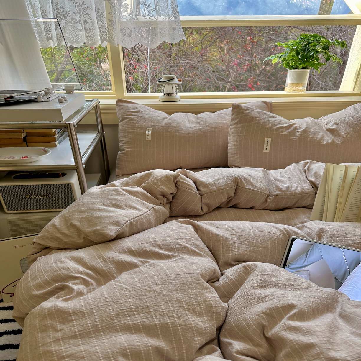 91家纺网 家纺一手货源 找家纺 优兰朵家纺 2026新款简约素色亚麻风纯色无印四件套 咖色-素然