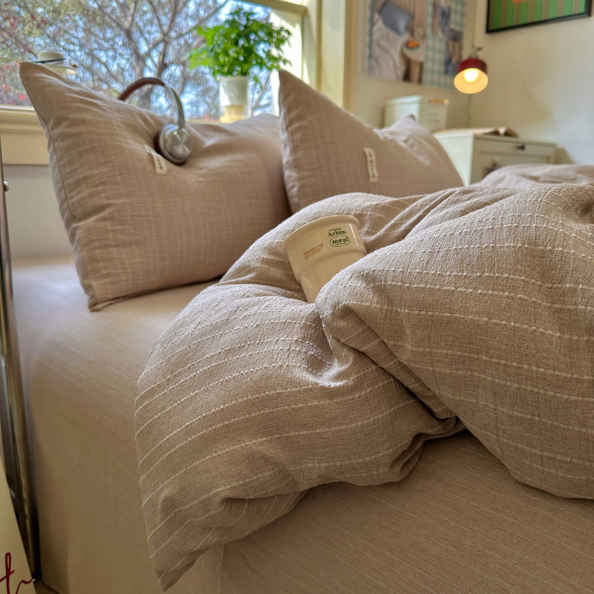 91家纺网 家纺一手货源 找家纺 优兰朵家纺 2026新款简约素色亚麻风纯色无印四件套 咖色-素然