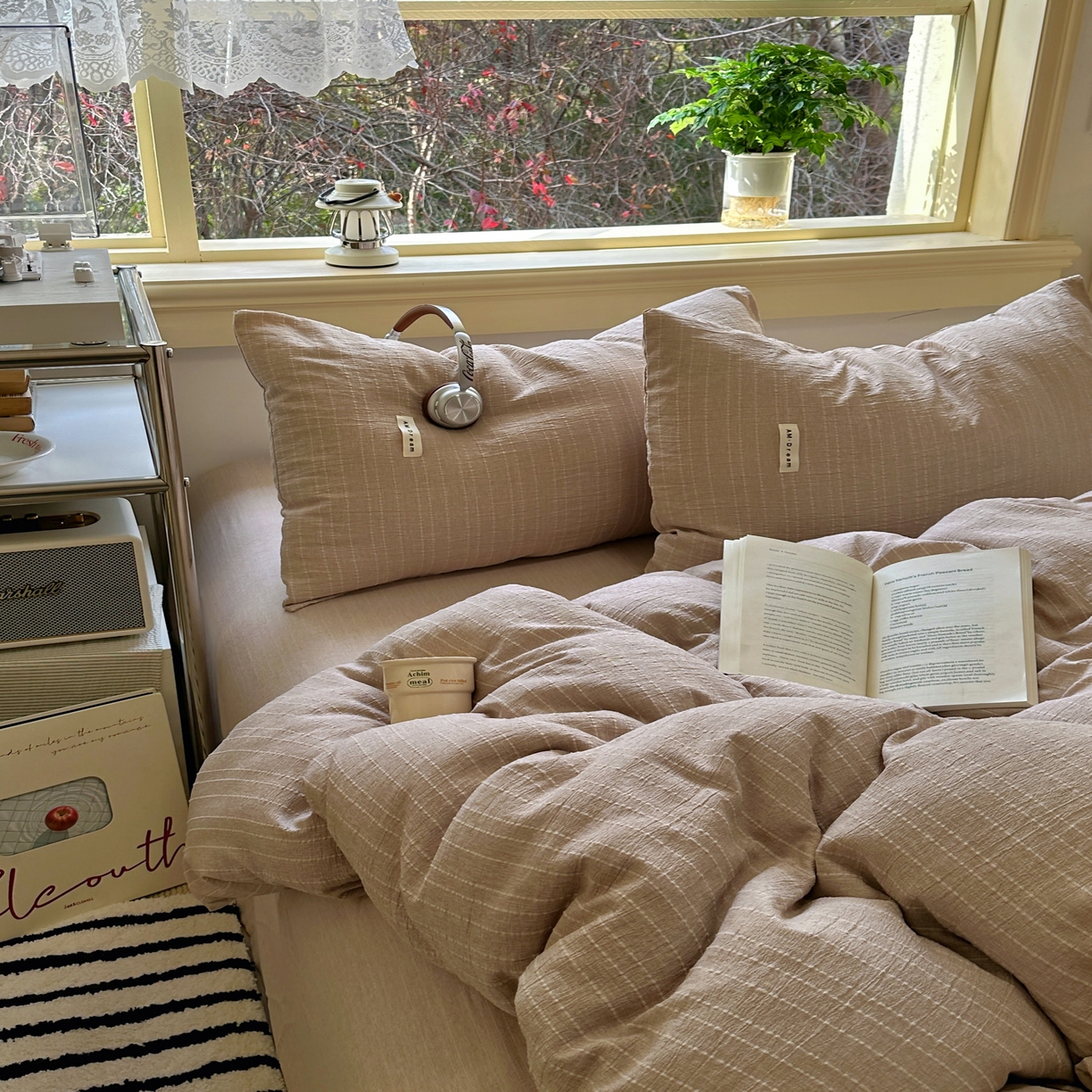 91家纺网 家纺一手货源 找家纺 优兰朵家纺 2026新款简约素色亚麻风纯色无印四件套 咖色-素然