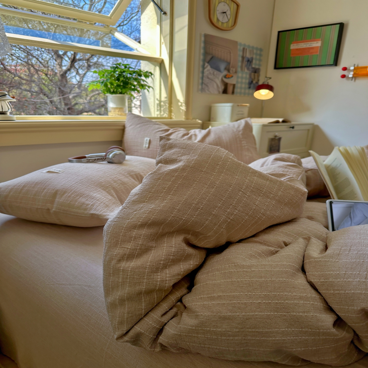 91家纺网 家纺一手货源 找家纺 优兰朵家纺 2026新款简约素色亚麻风纯色无印四件套 咖色-素然