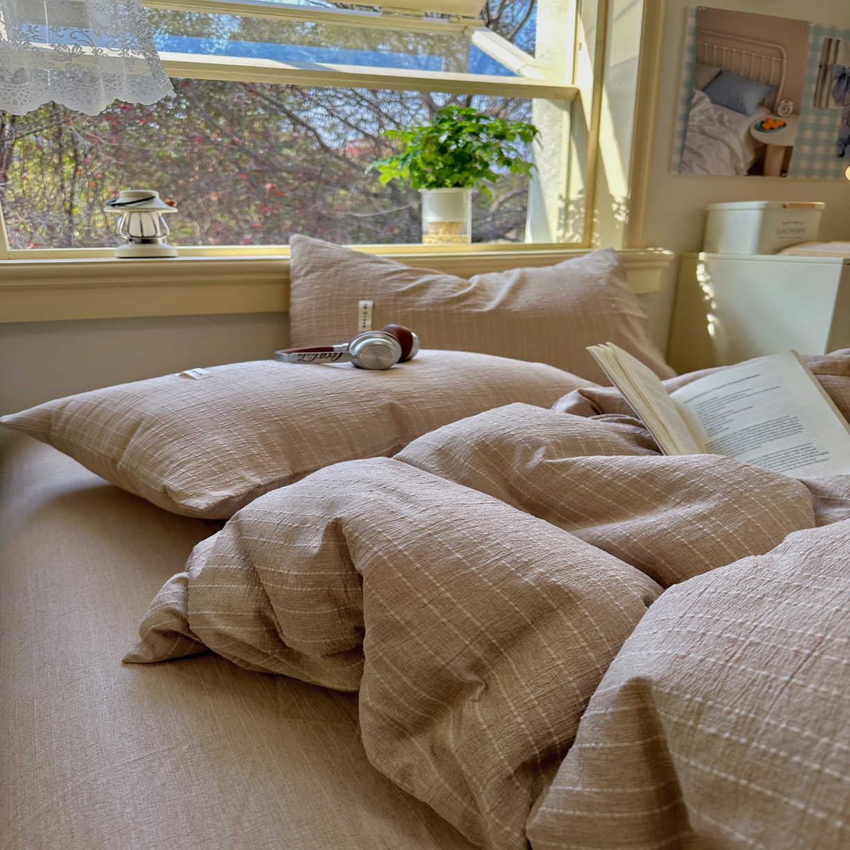 91家纺网 家纺一手货源 找家纺 优兰朵家纺 2026新款简约素色亚麻风纯色无印四件套 咖色-素然