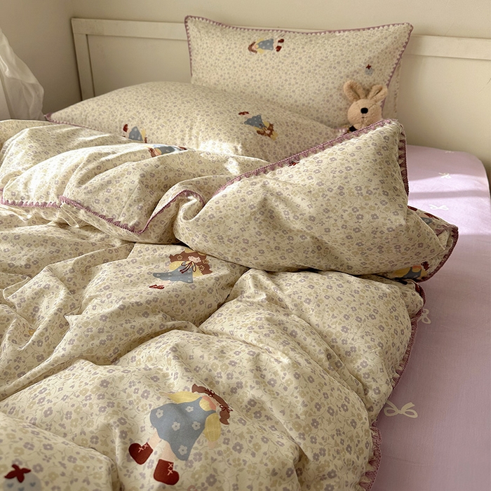 91家纺网 家纺一手货源 找家纺 桃子家居 2026新款A类纯棉三角针贝壳边工艺卡通撞色猫咪卡通全棉四件套 棉贝壳边-紫花女孩