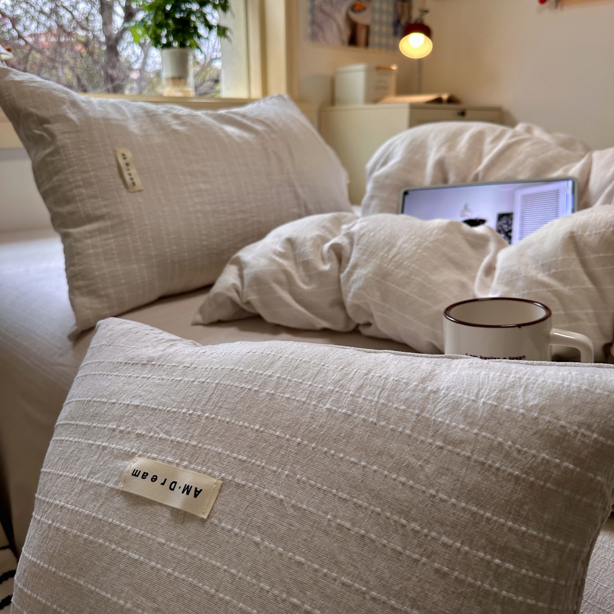 91家纺网 家纺一手货源 找家纺 优兰朵家纺 2026新款简约素色亚麻风纯色无印四件套 卡其-素然