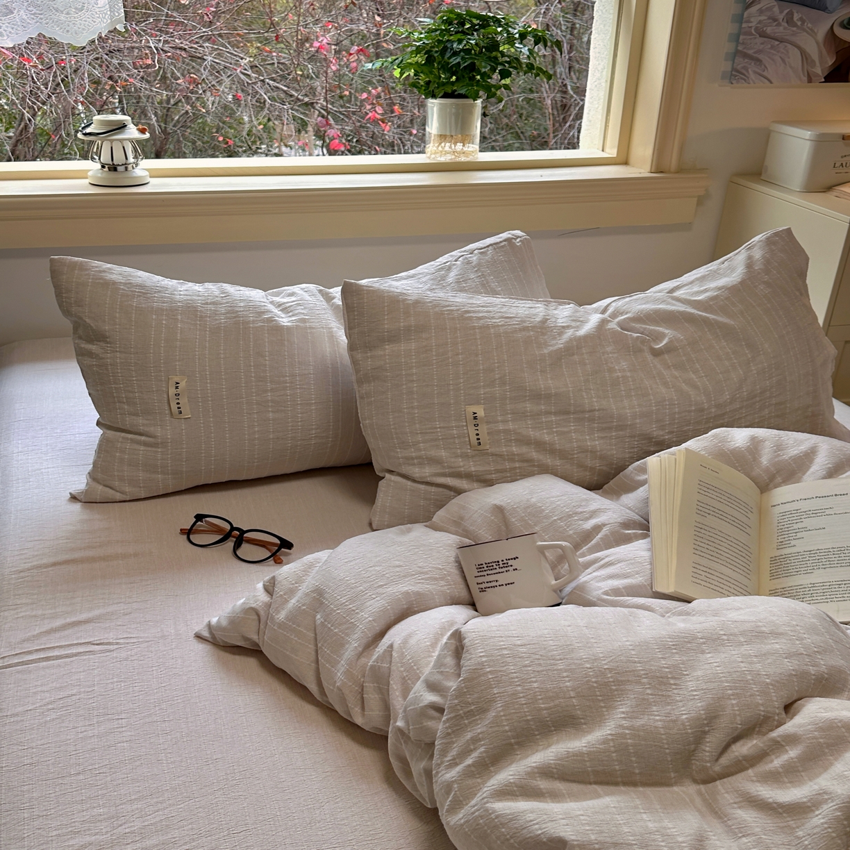 91家纺网 家纺一手货源 找家纺 优兰朵家纺 2026新款简约素色亚麻风纯色无印四件套 卡其-素然