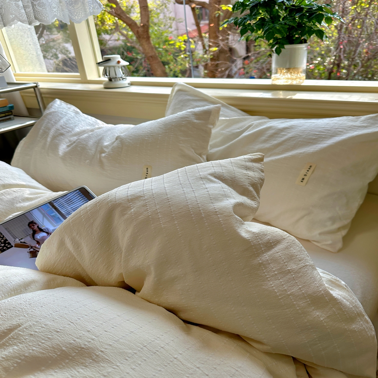 91家纺网 家纺一手货源 找家纺 优兰朵家纺 2026新款简约素色亚麻风纯色无印四件套 米白-素然