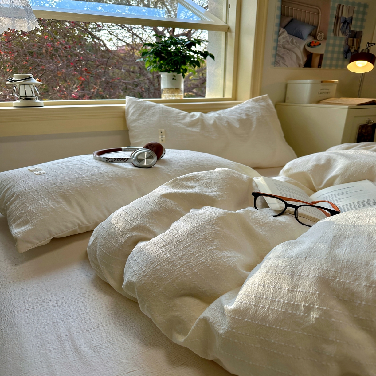 91家纺网 家纺一手货源 找家纺 优兰朵家纺 2026新款简约素色亚麻风纯色无印四件套 米白-素然