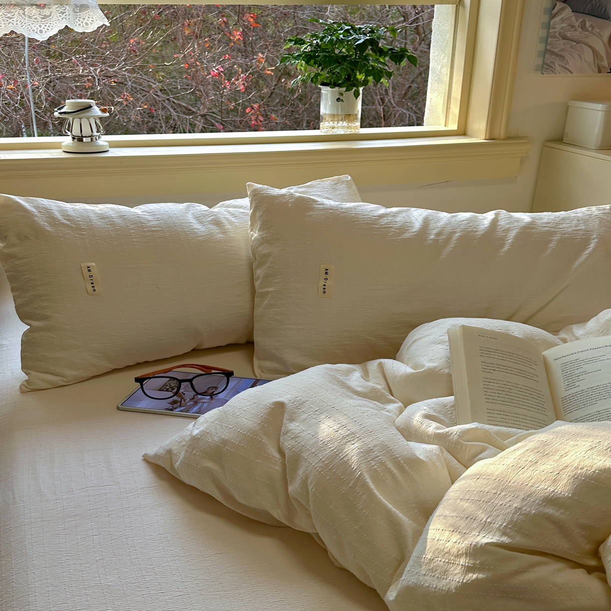 91家纺网 家纺一手货源 找家纺 优兰朵家纺 2026新款简约素色亚麻风纯色无印四件套 米白-素然