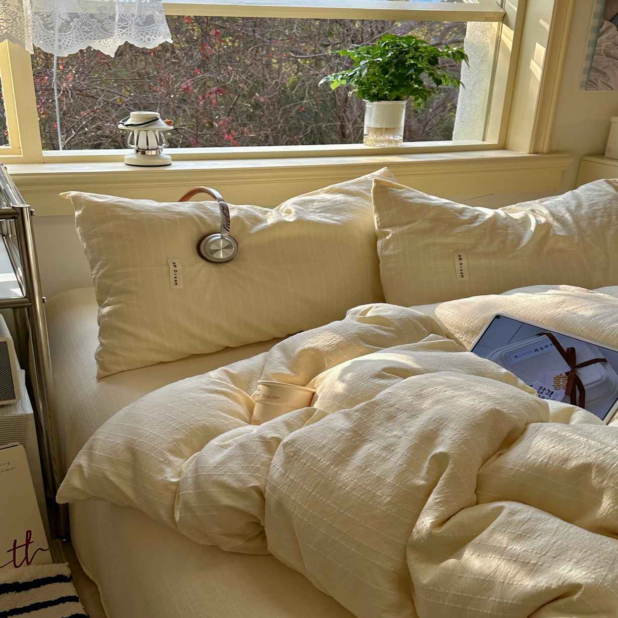 91家纺网 家纺一手货源 找家纺 优兰朵家纺 2026新款简约素色亚麻风纯色无印四件套 米黄-素然