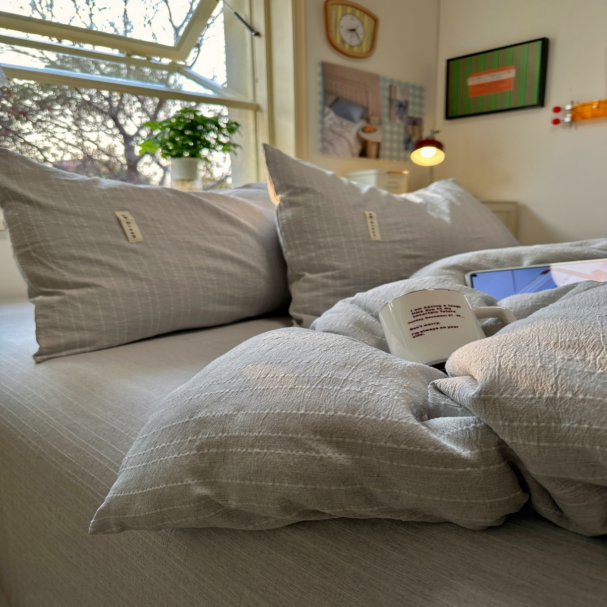 91家纺网 家纺一手货源 找家纺 优兰朵家纺 2026新款简约素色亚麻风纯色无印四件套 浅灰-素然