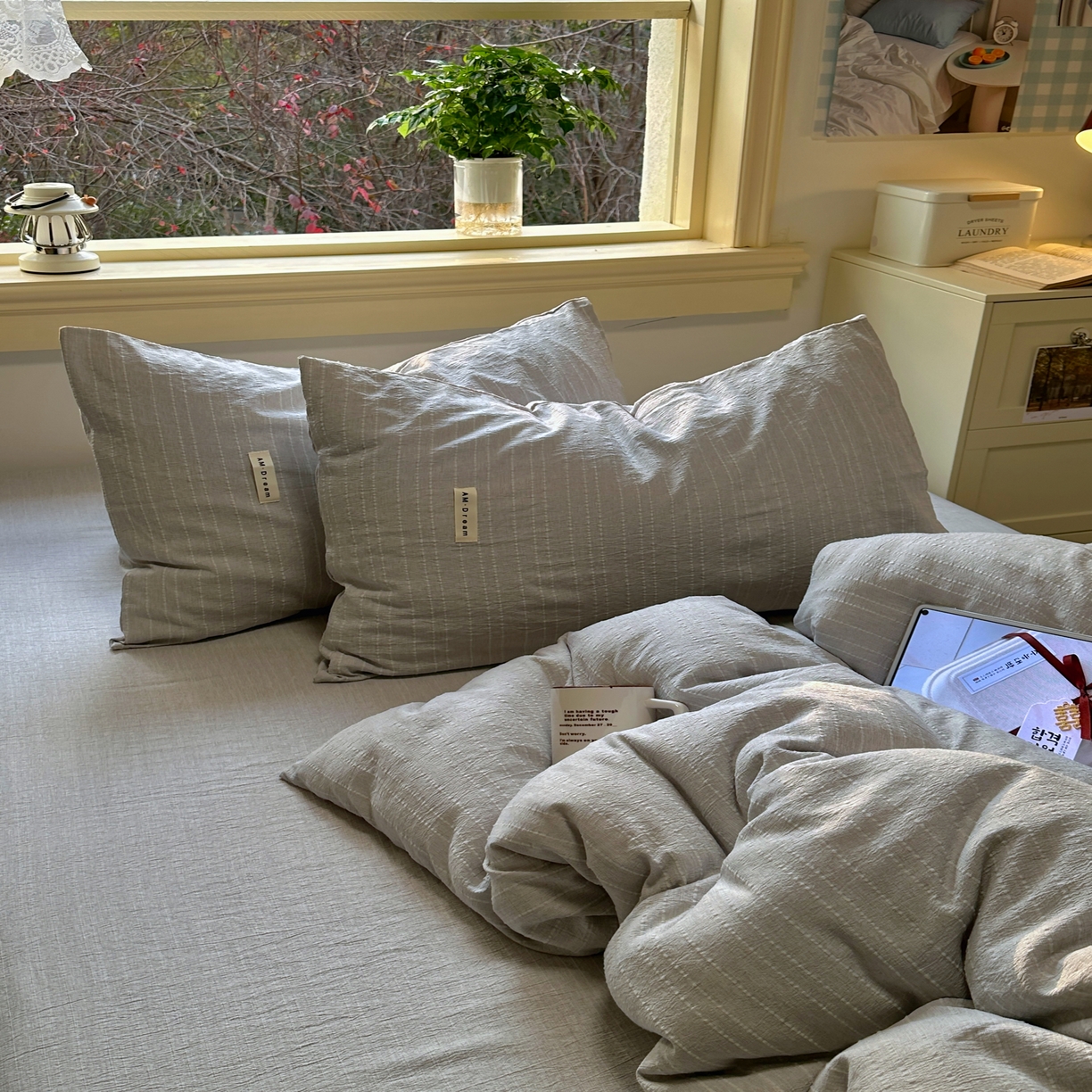 91家纺网 家纺一手货源 找家纺 优兰朵家纺 2026新款简约素色亚麻风纯色无印四件套 浅灰-素然