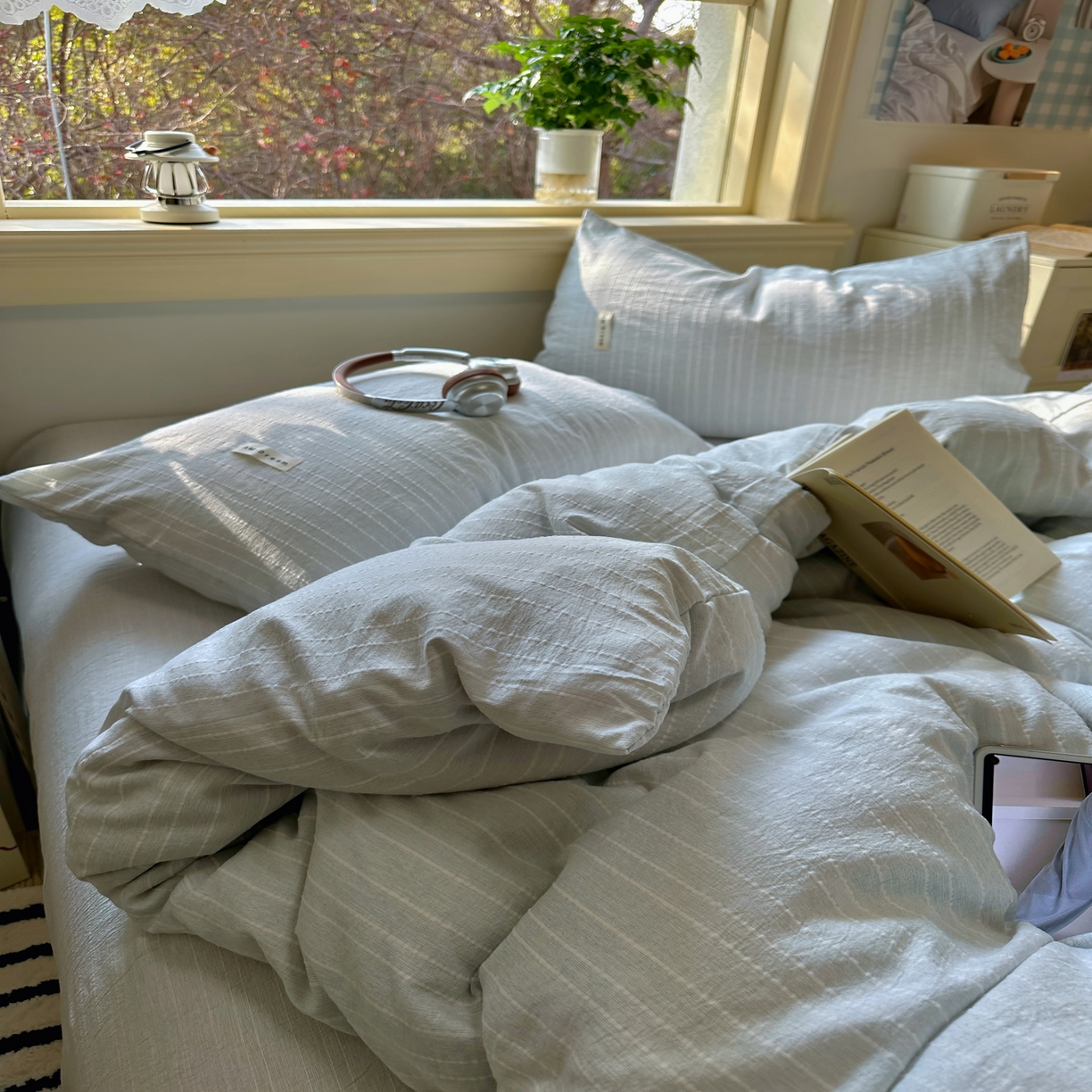 91家纺网 家纺一手货源 找家纺 优兰朵家纺 2026新款简约素色亚麻风纯色无印四件套 浅蓝灰-素然